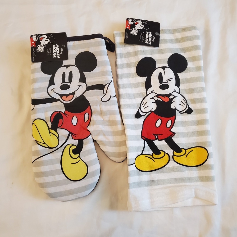 Disney Mickey Mouse Kitchen Set‎ Kitchen Towel Oven Mitt Grey Striped New
